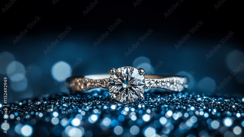 Sparkling diamond ring on blue glitter. Sparkling diamond ring on blue glitter.