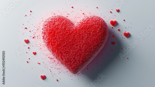 Red heart shape made of sugar surrounded by smaller heart shapes on a white background