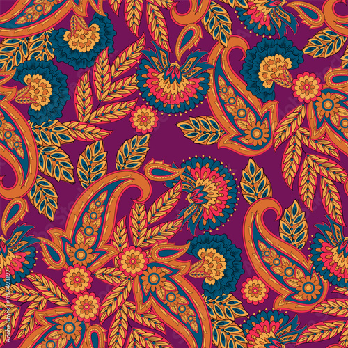 Floral fabric background with paisley ornament. Seamless vector pattern