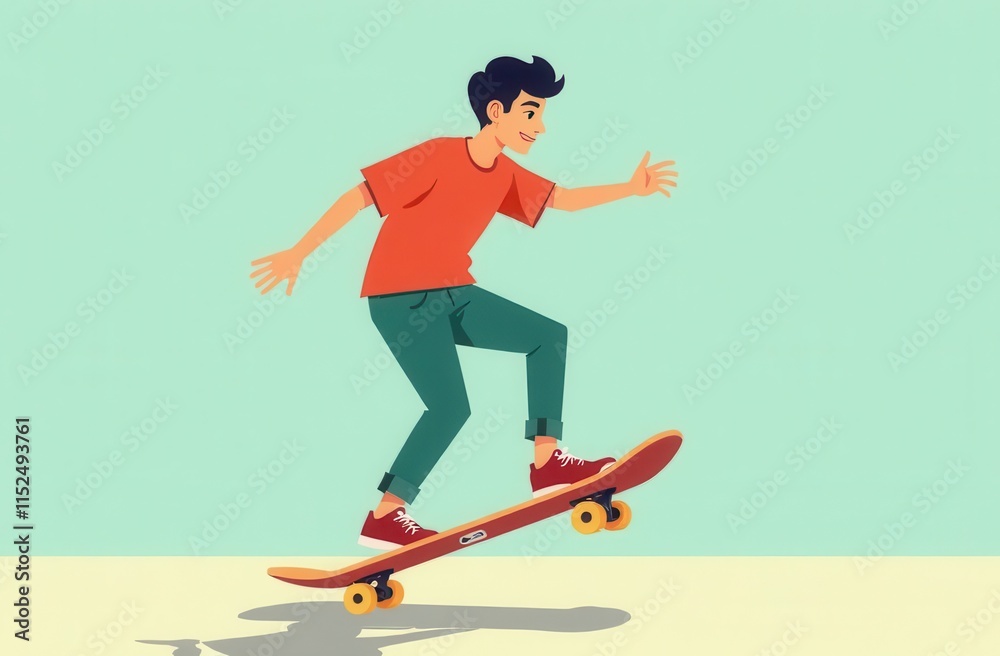 Fototapeta premium Young person skateboarding on a clean yellow background.