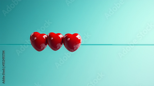 Three glossy red hearts aligned on a simple turquoise background reflecting love and joy photo