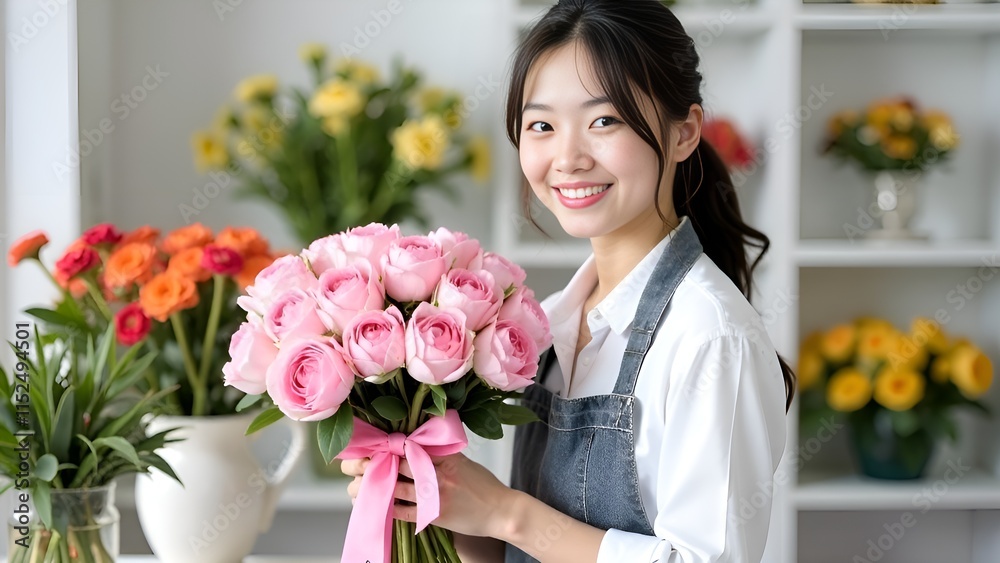 Asian girl holding a bouquet of peony pink roses. Girl wearing gray apron, florist shop background, daylight Asian girl holding a bouquet of peony pink roses. Girl wearing gray apron, florist shop background, daylight