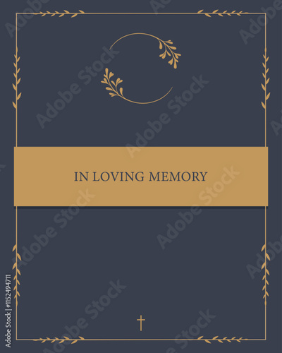 Funeral vector card. Empty card with gold frame for text and photo 