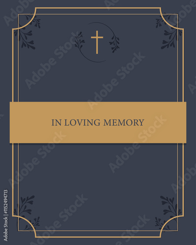 Funeral vector card. Empty card with gold frame for text