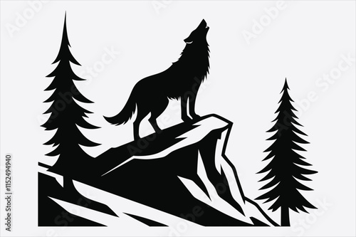 A stylized black and white silhouette of a wolf howling. photo