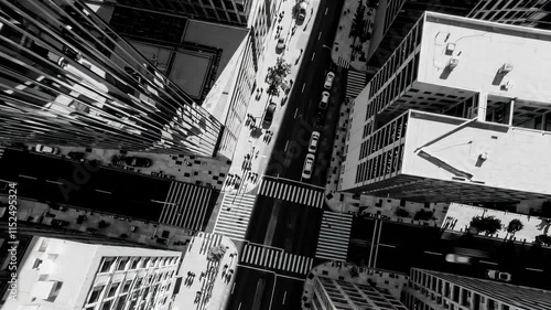 Dramatic aerial view of a cityscape with towering buildings in black and white