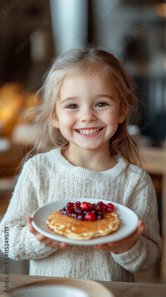 A child holding a plate with freshly made pancakes, smiling in front of a rustic backdrop A child holding a plate with freshly made pancakes, smiling in front of a rustic backdrop