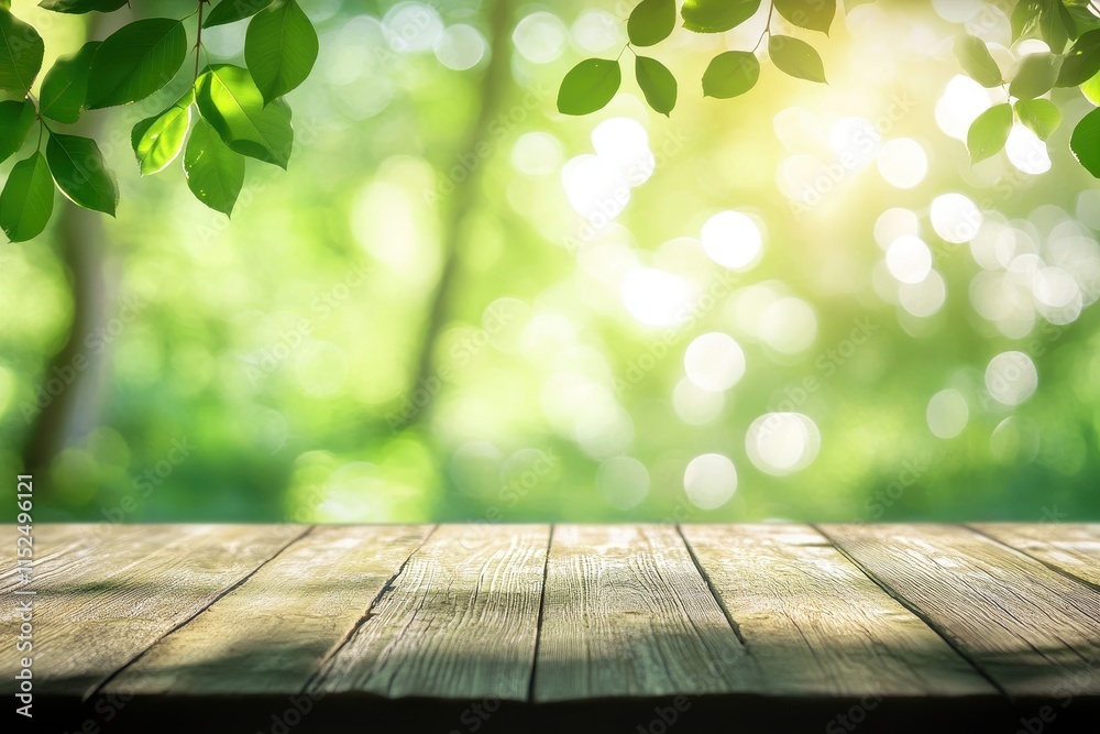 Wooden table with blurred green nature background. Wooden table with blurred green nature background.
