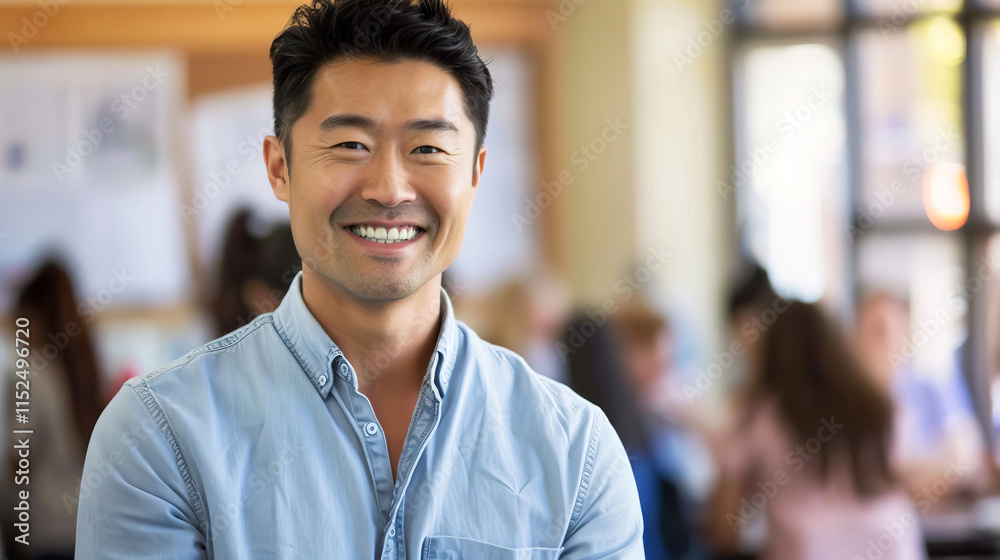 Smiling Male Asian Teacher in a Classroom Setting. Concept of Education, Positive Influence, Multicultural Learning, Professionalism. Copy space Smiling Male Asian Teacher in a Classroom Setting. Concept of Education, Positive Influence, Multicultural Learning, Professionalism. Copy space