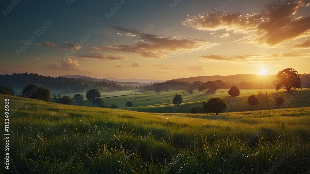 World environment day concept: Calm of country meadow sunrise landscape background. Generative AI World environment day concept: Calm of country meadow sunrise landscape background. Generative AI