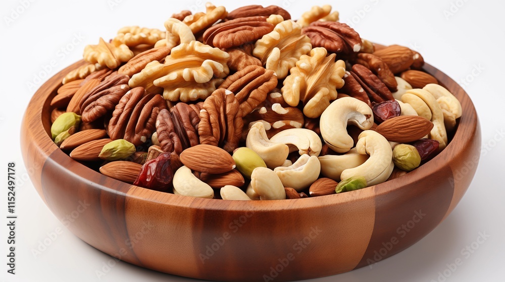 Mixed nuts in a wooden bowl, studio view, isolated on white background. Mixed nuts in a wooden bowl, studio view, isolated on white background.