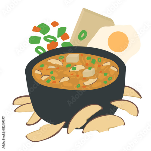 A Vector Illustration of Hot and Sour Soup in a Black Bowl with Mushrooms, Spring Onions, Carrots, Tofu, and Egg