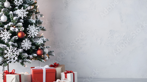 Original bright wide format background image with Christmas tree decorations, gifts and snowflakes. photo