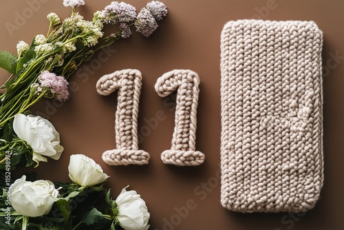 This image showcases knit art forming the number eleven, with an elegant floral arrangement that complements the soft hues and intricate texture of the knitting. photo