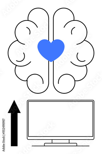 Brain with blue heart in center above a computer monitor and upward arrow. Ideal for technology, mental health, emotional intelligence, innovation, user experience, connection, and growth themes