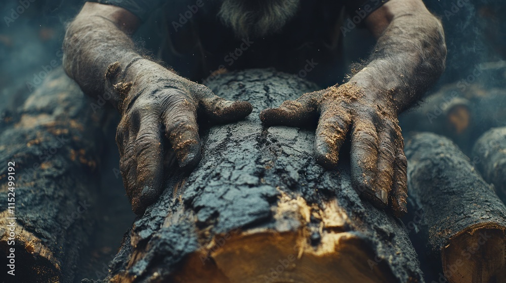 Obraz premium Close-up of dirty hands in work gloves, examining charred log.
