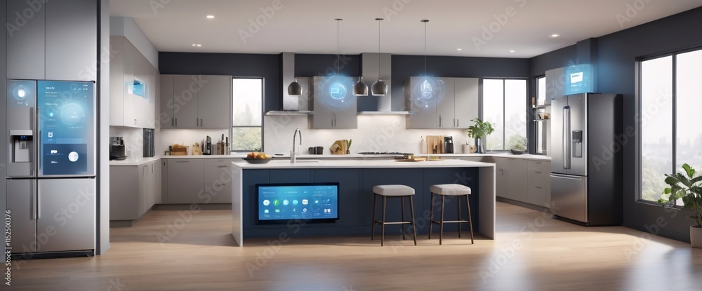 illustrate the concept of the Internet of Things with an image of a smart home, featuring various connected devices and appliances, shot from a low angle with a wide-angle lens illustrate the concept of the Internet of Things with an image of a smart home, featuring various connected devices and appliances, shot from a low angle with a wide-angle lens