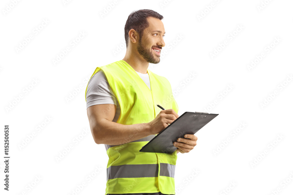 Worker in a reflective vest writing a document and smiling Worker in a reflective vest writing a document and smiling
