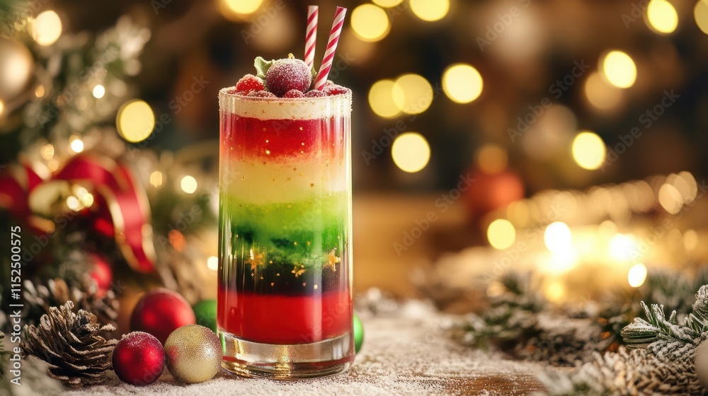 A colorful mocktail with layers of red and green, served in a tall glass with festive straws and a Christmas-themed background A colorful mocktail with layers of red and green, served in a tall glass with festive straws and a Christmas-themed background