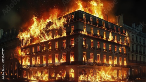 A massive building engulfed in dramatic, blazing flames, highlighting the intense and catastrophic scene of a devastating urban fire.