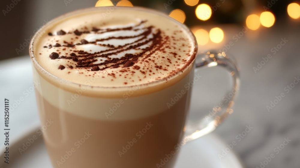 A festive latte topped with frothy milk and cocoa powder art, sitting on a table with Christmas lights in the background A festive latte topped with frothy milk and cocoa powder art, sitting on a table with Christmas lights in the background