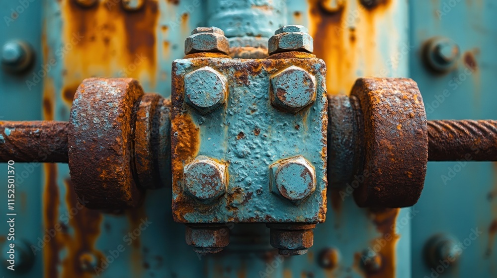 Close-up of rusty, blue metal industrial joint with bolts and nuts. Close-up of rusty, blue metal industrial joint with bolts and nuts.