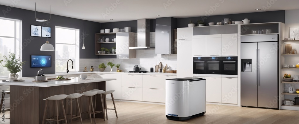 illustrate the concept of the Internet of Things with an image of a smart home, featuring various connected devices and appliances, shot from a low angle with a wide-angle lens illustrate the concept of the Internet of Things with an image of a smart home, featuring various connected devices and appliances, shot from a low angle with a wide-angle lens