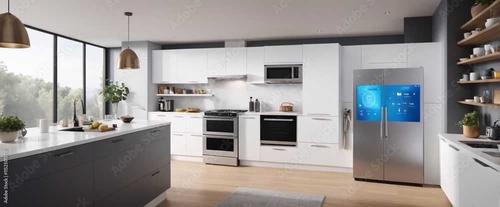 illustrate the concept of the Internet of Things with an image of a smart home, featuring various connected devices and appliances, shot from a low angle with a wide-angle lens illustrate the concept of the Internet of Things with an image of a smart home, featuring various connected devices and appliances, shot from a low angle with a wide-angle lens