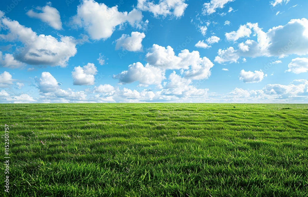 Serene landscape of a vast, green field under a bright blue sky dotted with fluffy white clouds. A picturesque summer day. Serene landscape of a vast, green field under a bright blue sky dotted with fluffy white clouds. A picturesque summer day.