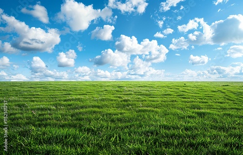 Serene landscape of a vast, green field under a bright blue sky dotted with fluffy white clouds.  A picturesque summer day.