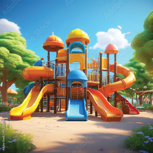 Fun and Playful Playground Illustration: A Cartoon Scene of Happy Children Enjoying Activities like Slides, Swings, and Bicycles in a Colorful Park – Perfect for Kids’ Outdoor Playgrounds and School