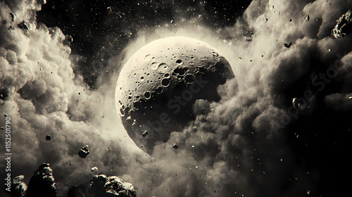 Lunar dust explosion. Moondust. Illustration photo