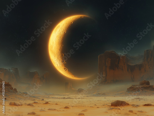 Crescent moon shines brightly over desert landscape at night photo