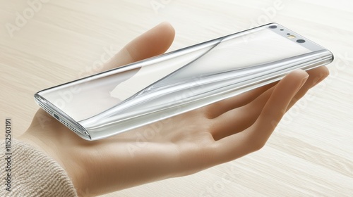 Hand holding a sleek, transparent smartphone with a screen protector. photo