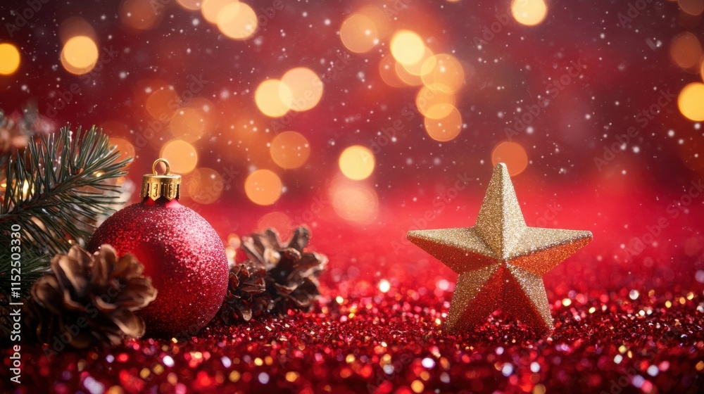 Obraz premium A dreamy Christmas abstract with soft golden bokeh lights and festive star patterns over a red gradient background