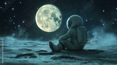 Cute astronaut sitting on the cartoon moon with footprints. Moondust. Illustration
