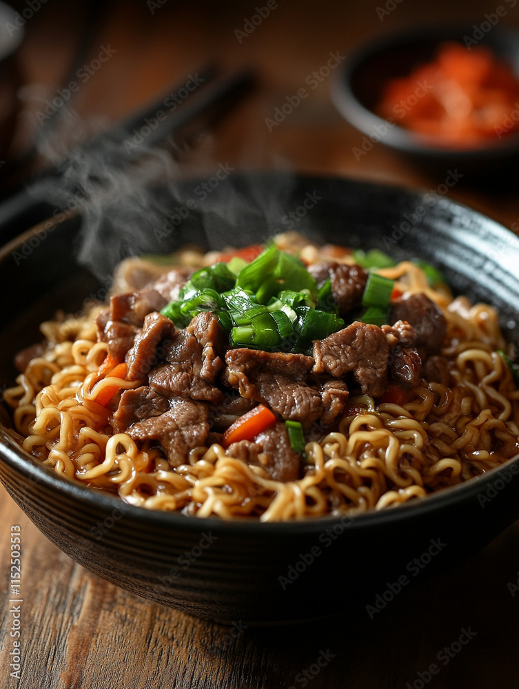 Delicious beef noodle dish with vegetables and steam Delicious beef noodle dish with vegetables and steam
