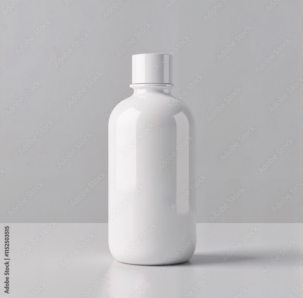 Simple white cosmetic bottle mockup on a clean surface with a neutral gray background Simple white cosmetic bottle mockup on a clean surface with a neutral gray background