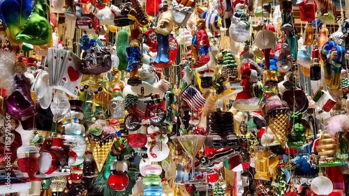 Christmas glass decorations for sale on a shop window, decorative hand painted ornament for the christmas tree. 4K