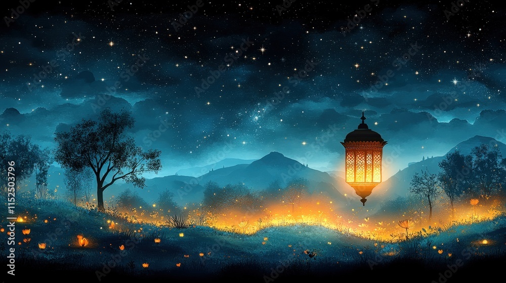 Fototapeta premium Night landscape with glowing lanterns and starry sky.