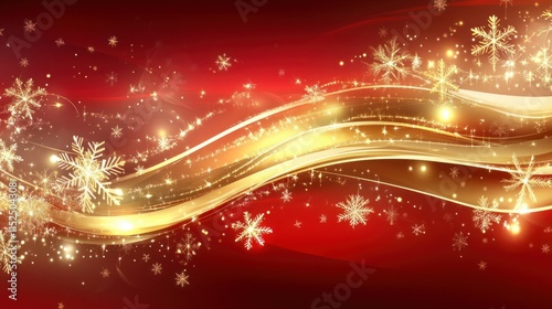 A shimmering abstract Christmas background with golden lights and snowflakes softly glowing on a dark red gradient