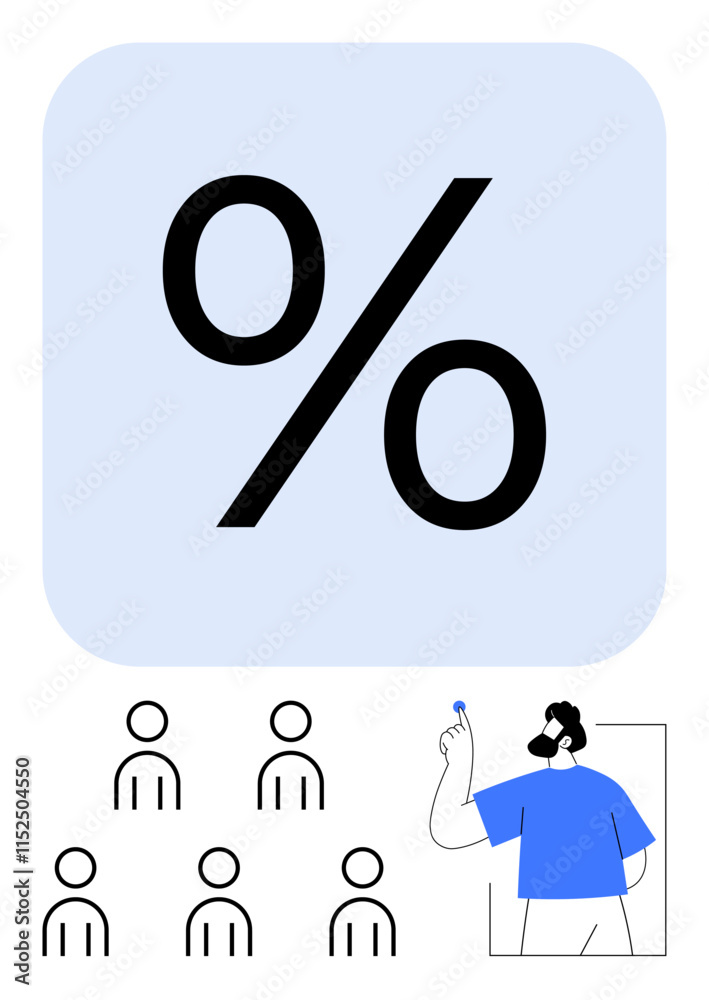 Large percent symbol. Below, five simplistic customer icons with one larger person holding a blue marker. Ideal for discounts, customer analysis, education, business strategy, statistics, market Large percent symbol. Below, five simplistic customer icons with one larger person holding a blue marker. Ideal for discounts, customer analysis, education, business strategy, statistics, market