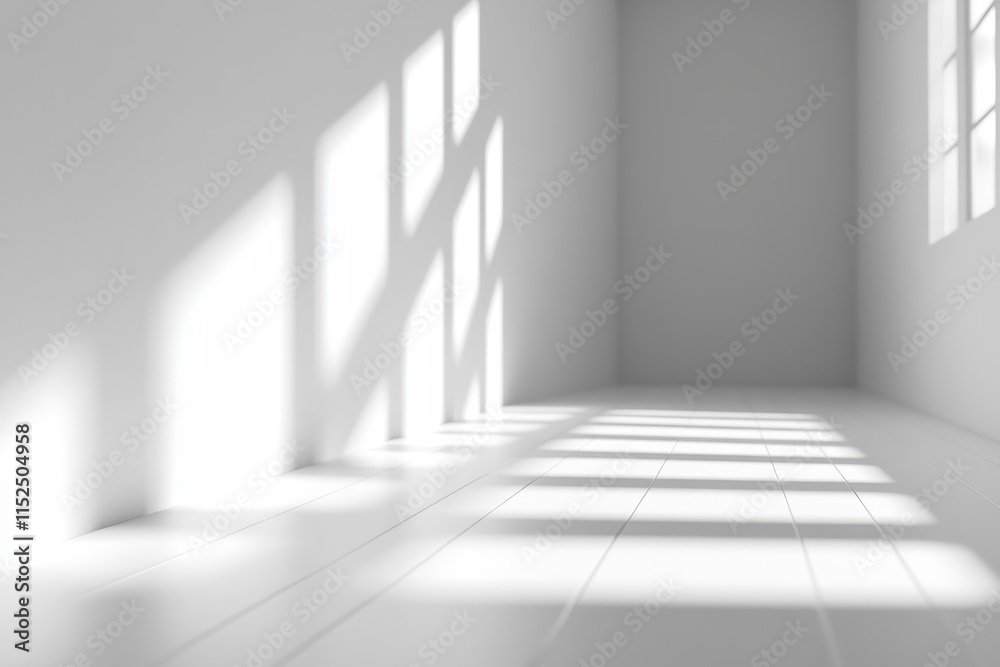 Sunlight streams into a minimalist white room, casting shadows on the floor and walls. Sunlight streams into a minimalist white room, casting shadows on the floor and walls.