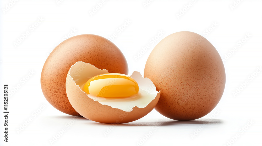 Three fresh brown eggs with one cracked open showing yolk on white background Three fresh brown eggs with one cracked open showing yolk on white background
