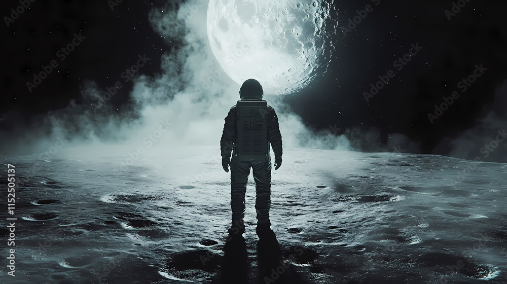 Obraz premium Astronaut standing on lunar surface in moonlight environment. Moondust. Illustration