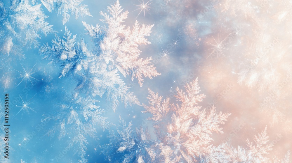 An elegant Christmas abstract featuring overlapping snowflakes and glowing starbursts on a soft white and blue gradient