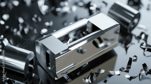 High-Speed Cutting Tool Machining an Aluminum Block with Metal Shavings Scattered, Representing a Conceptual Scene for Metal Fabrication and Engineering