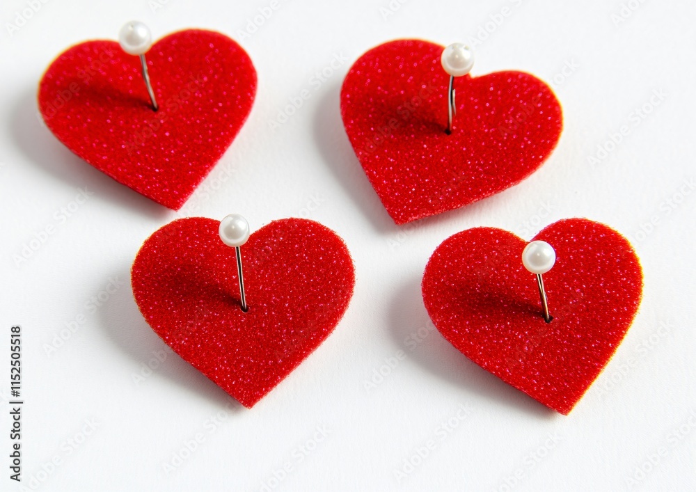 Four Red Glitter Hearts with Pearl Pins Valentine's Day