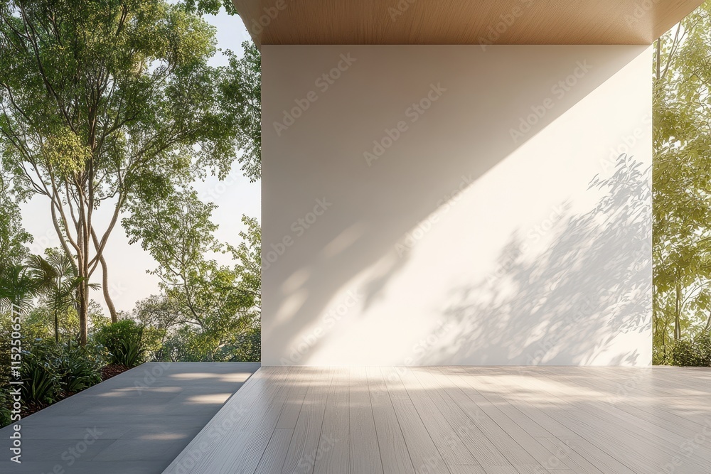 Minimalist modern patio with white wall, wooden floor, and lush green garden view.