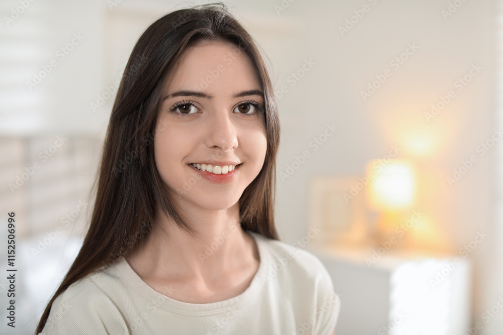 Portrait of happy teenage girl at home. Space for text Portrait of happy teenage girl at home. Space for text